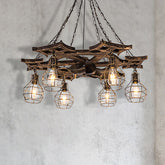 Lámpara de araña estilo globo de metal de bronce vintage con 6 bombillas - Elegante accesorio de techo colgante con jaula